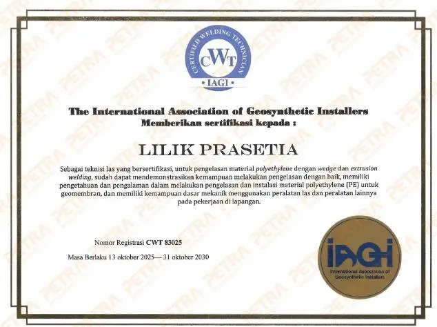Certified Welding Technician (CWT) certificate of the PETRA installation team