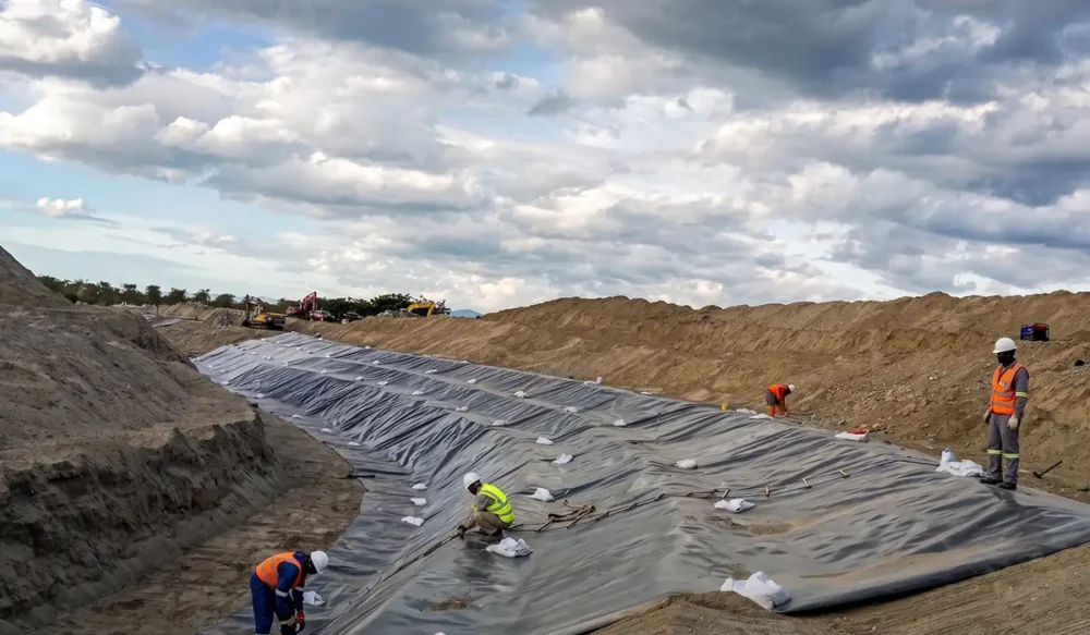 Pemasangan geomembran sebagai kolam untuk retensi di Palu