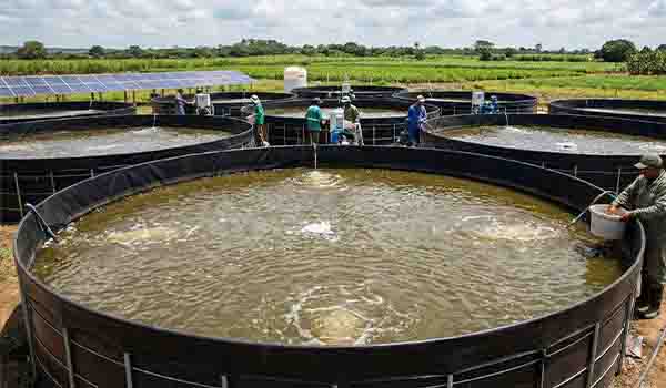 Sistem bioflok yang menggunakan HDPE geomembrane sebagai lapisan kedap air kolam