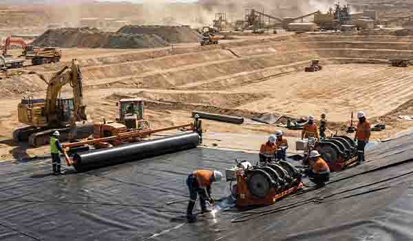 Pemasangan geomembran di area pertambangan